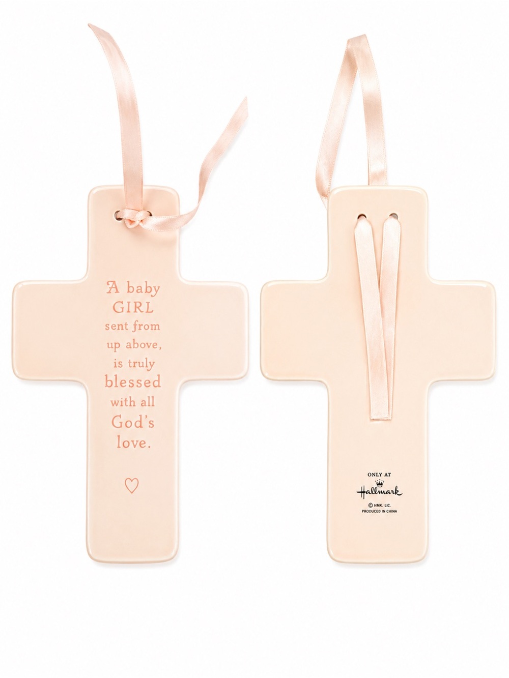 Hallmark Baby Girl Pale Pink Ceramic Cross Ornament with Ribbon